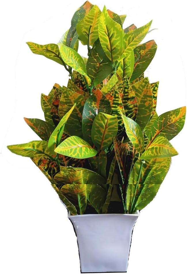 HYPERBOLES Artificial Green Crotan Plant with Plastic Pot - 8 inch/20cm