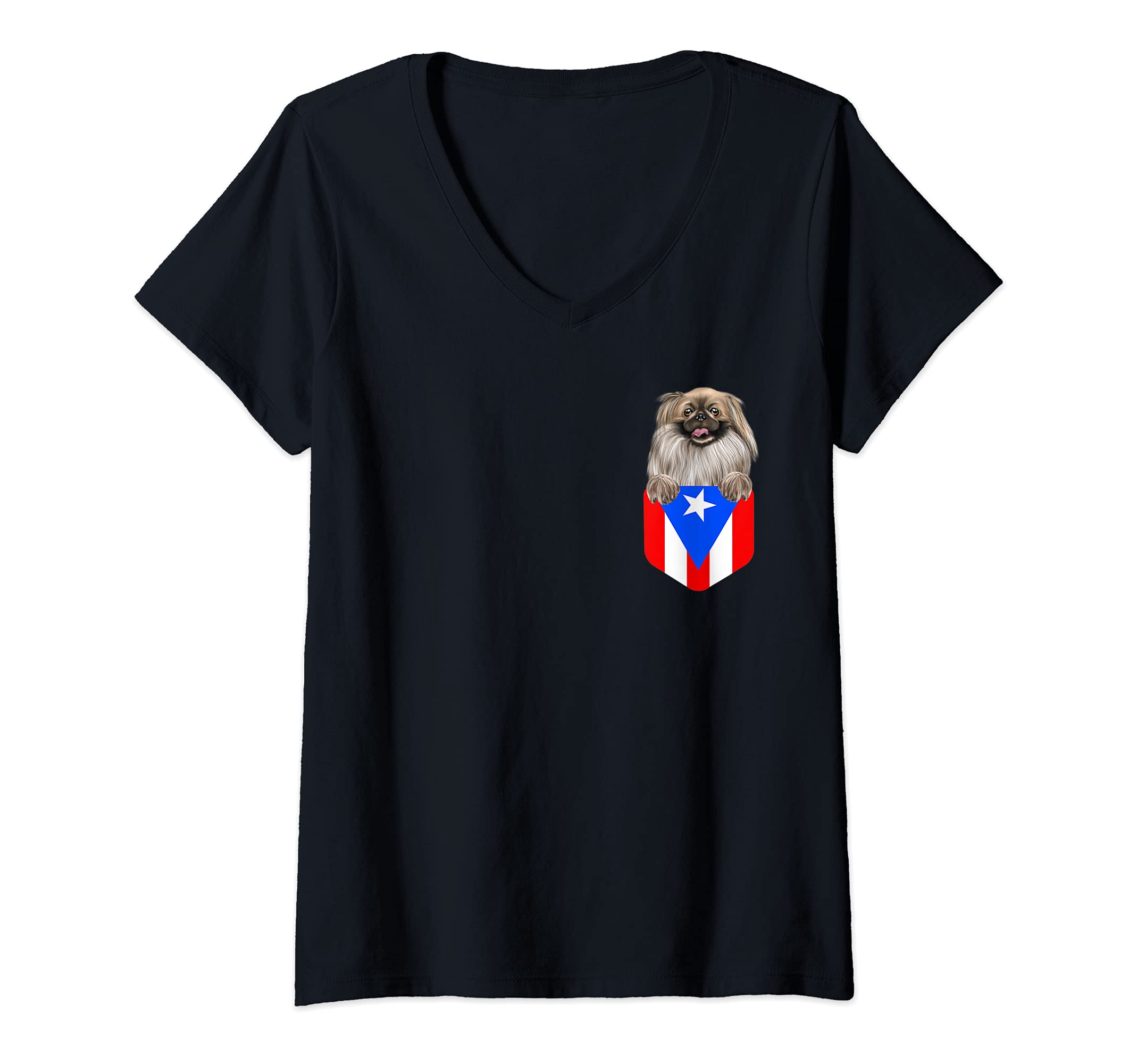 Womens Puerto Rico Flag Pekingese Dog In Pocket V-Neck T-Shirt