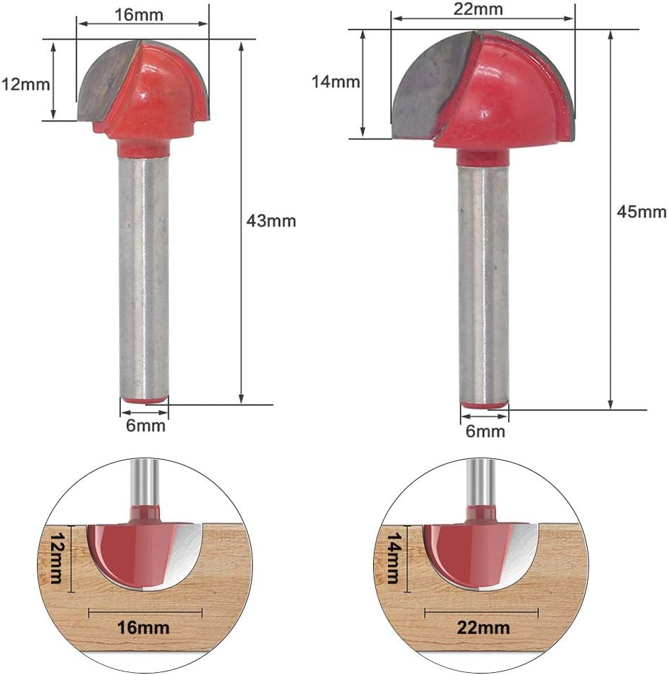 Saipor 4pcs 6mm Round Nose Cove Core Box Router Bit Double Flute Round Groove Router Bit Woodworking Tool, 16-32mm Cutting Diameter - Image 3