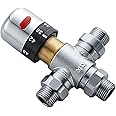 3 Way Thermostatic Water Mixing Valve DN15 Temperature Constant Control Hot and Cold G1/2 NPS Male Connections Anti Scald Temp Mixer Valves for Bathroom Under Sink Faucets Shower Bath Bidet (Chrome)