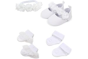 TJCONETJC Baby Girl Baptism Dressup Accessories White Christening Socks Shoes Headband Outfits Christening Baptism Gift 4 Pcs