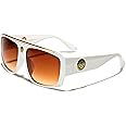 White & Gold Kleo Flat Top Hip Hop Rapper Retro Aviator Sunglasses w/ Brown Lenses