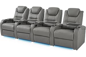 comfiroom Leather Home Theater Seating, Simple Style Dual Power Electric Headrest Game Seats Leather Movie Theater Chairs Recliner Sofa with Type-C USB Charger (Grey, Row of 4)