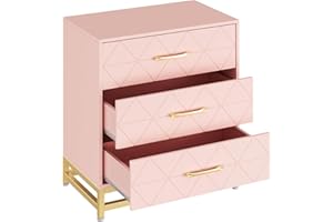 Garvee 3-Drawer Pink Dresser with Gold Accents, Geometric Pattern Chest of Drawers for Bedroom/Living Room Storage