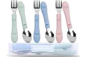Bakpoco 6PCS Toddler Utensils, 316 Stainless Steel Baby Safe Forks + Spoons with Silicone Handle, BPA Free Dishwasher Safe Kids Silverware Cutlery with Box, Sage/Blue/Blush