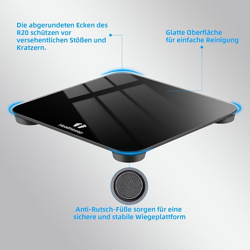 Personenwaage, Körperwaage mit Hochpräzisions-Sensoren, Personen Digitalwaage mit Step-On-Technik, Gewichtswaage aus Sicherheitsglas, Schwarz (260 schwarz 202403)