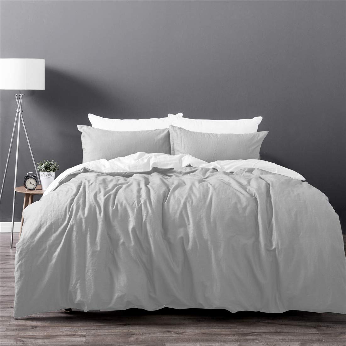 Dreamaker Luxury Soft 100% Washed Cotton Linen Quilt Duvet Cover Bedding Set w/Pillowcase (Queen, Light Grey)