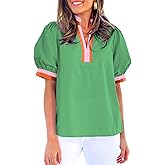 whoinshop Womens Striped Tops 2025 Short Puff Sleeve Shirt V Neck Cute Casual Loose Blouse