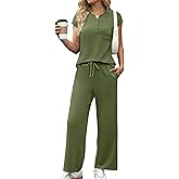 Casly Lamiit Women's 2 Piece Sets 2026 Casual Travel Outfits Airport Cap Sleeve V Neck Top Crop Pants Matching Lounge Set