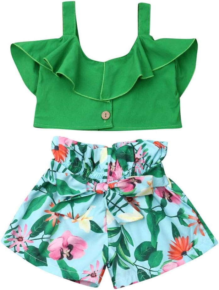 Toddler Baby Girl 2Pcs Summer Clothes Set Ruffles Off Shoulder Crop Tops Floral Shorts Outfit