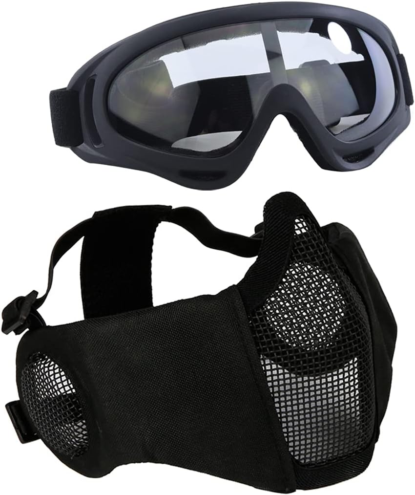 Aoutacc Airsoft Mask Tactical Goggles Set, Lower Steel Mesh Mask Protective Half Face Mask with Ear Protection UV Protection Glasses Comfortable for Adult Men Women CS Hunting Paintball Shooting : Sports & Outdoors