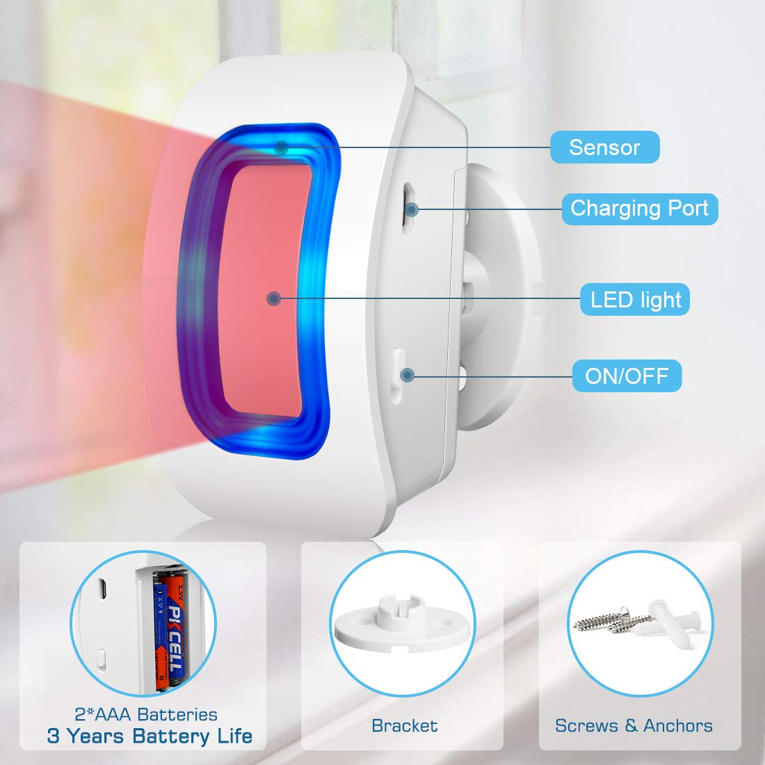 Motion Sensor Detect Alert, Wireless Home Security Driveway Alarm, Weatherproof Alert System Kits with 52 Chimes/4 Level Volumes/LED Flash (3 PIR Motion Sensor Detectors + 2 Plug-in Receivers)