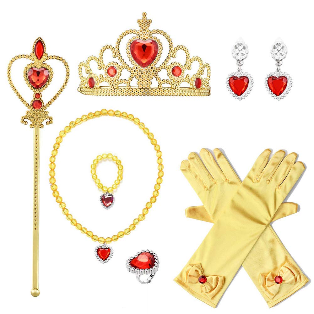 YaphetS Princess Belle Dress Up Toys,7 Pcs Girl’s Jewelry Dress Up Play Set,Included Crowns, Wands, Necklaces, Bracelet, Rings,Earrings and Gloves (Belle)