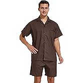 Mens Cotton Pajamas Short Sleeve Pajama Set Woven Sleepwear Loungewear Nightwear