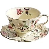 fanquare Vintage Spring Style Tea Cup and Saucer Set, 8 oz Porcelain Coffee Cup with Gold Trim, Flower and Bird Teacups for Women and Tea Parties