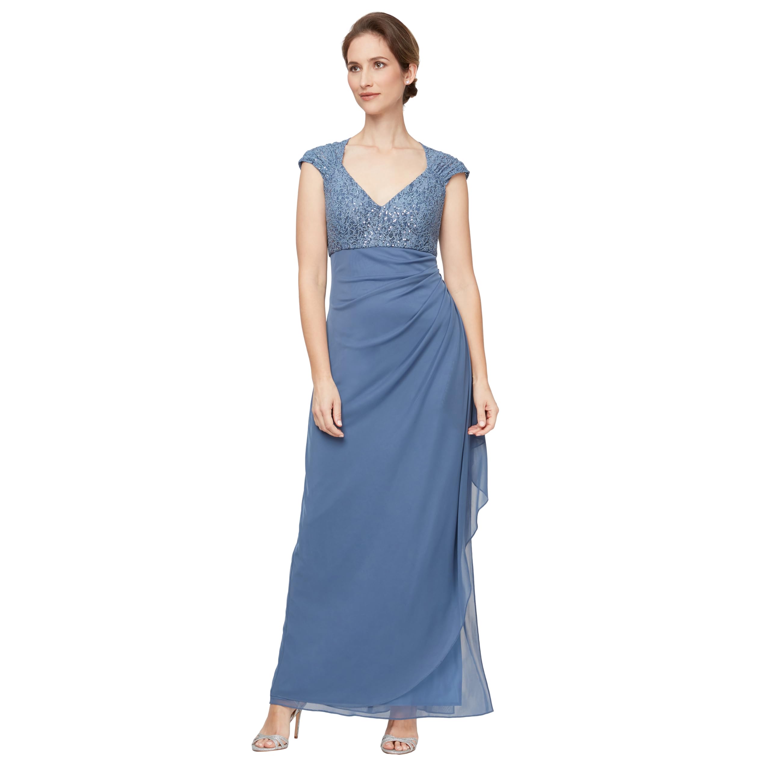 Alex Evenings Women’s Long Stretch Sequin Bodice Mother of The Bride Dress with Empire Waist (Petite and Regular Sizes), Wedgewood Corded Lace, 6 US