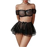 OYOANGLE Women's 3 Piece Sheer Mesh Polka Dots Off Shoulder Bra Panty Ruffle Mini Skirt Lingerie Set