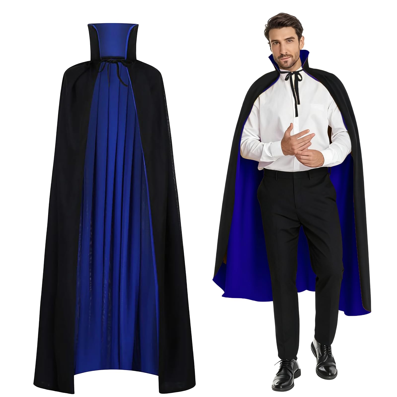 maxToonrain Reversible Black & Blue Cape for Adults, Easter Halloween Christmas Cloak Fancy Dress Vampire Witch Wizard Role Play for World Book Day (170CM,Stand Collar)