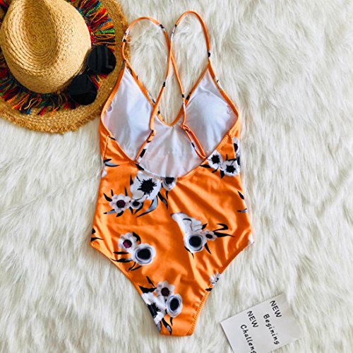 Elogoog Women's Flower Cutout Deep V Neck Monokini Backless 2018 New Printing One Piece Swimsuit Bathing Suit (Yellow, L)