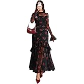 GothDark Womens Floral Maxi Dress Sheer Mesh Bell Sleeve Tiered Ruffle Gothic Romantic Casual Long Dresses