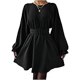 Floerns Women's Lantern Sleeve Fall Dress Crewneck Ruffle Business Casual Short Dresses with Belt