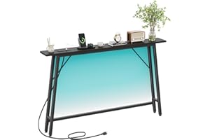 Asgolion 47'' Skinny Console Table with Charging Station and LED Light, Narrow Sofa Table with Power Outlets and Type C & USB Port, Behind Couch Table, for Living Room, Entryway, Hallway, Black