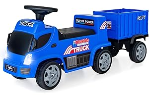OLAKIDS Kids Ride On Push Car, 2 in 1 Foot-to-Floor Sliding Truck with Detachable Trailer, Steering Wheel, Headlights, Music, Alarm Sound, Toy Walker Gift for Toddlers Age 1.5-3 Boys Girls (Blue)