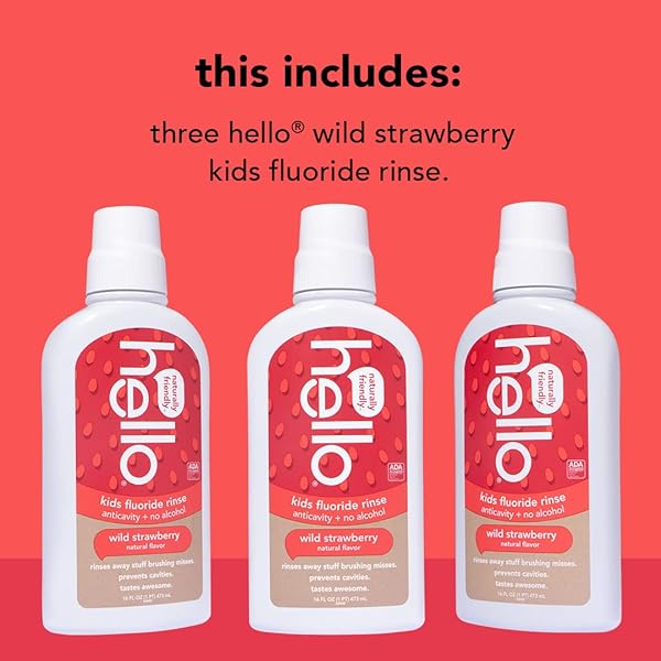 HELLO KIDS WILD STRAWBERRY NATURAL FLAVOR ANTICAVITY FLUORIDE RINSE – VEGAN, ALCOHOL FREE, AND SLS FREE MOUTHWASH FOR CHILDREN AGE 2 AND UP – 16 OUNCE (PACK OF 3)