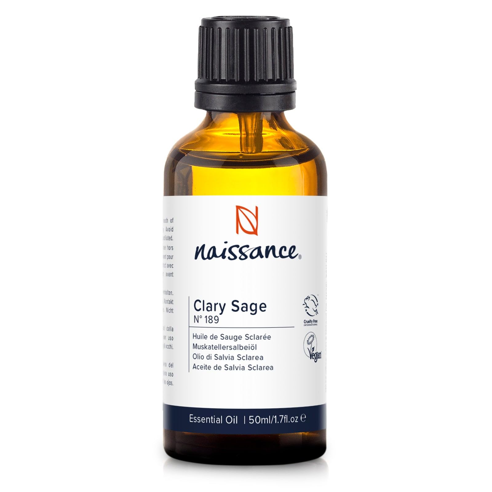 Naissance Clary Sage Essential Oil (No. 189) - 50ml - Pure, Natural, Cruelty Free, Steam Distilled and Undiluted - for for Aromatherapy, Massage Blend & Diffusers