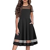 Arshiner Tween Girls Dress Formal Contrast Mesh Short Sleeve A Line Party Dresses with Pockets for 5-12 Years