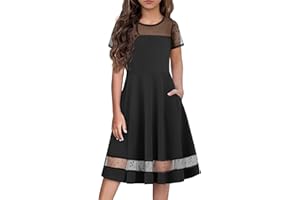 Arshiner Tween Girls Dress Formal Contrast Mesh Short Sleeve A Line Party Dresses with Pockets for 5-12 Years