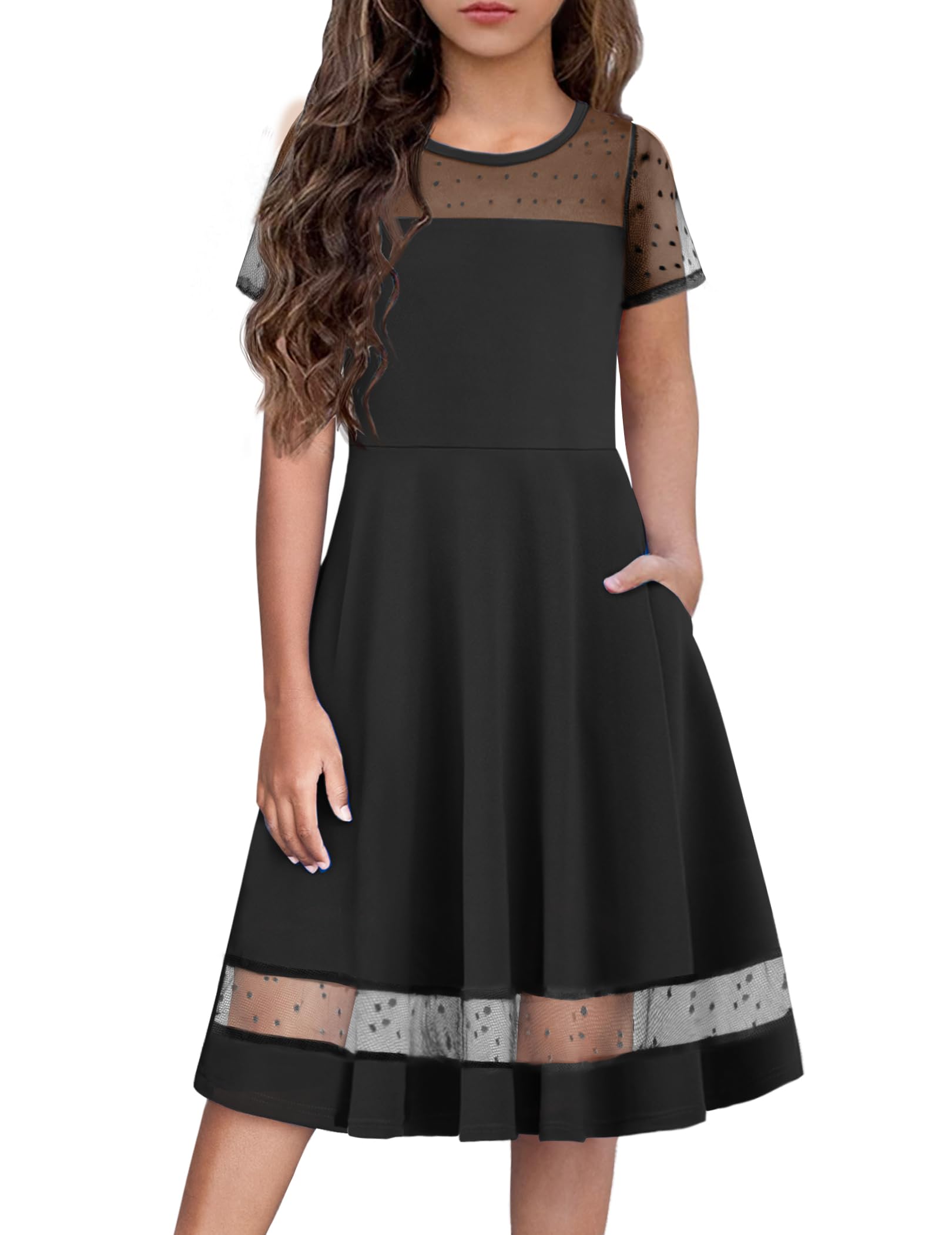 Arshiner Tween Girls Dress Semi Formal Contrast Mesh Short Sleeve Black