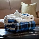 Lavish Home (Blue) Reversible Plaid Fleece 50 x 60-Inch Machine-Washable Sherpa Throw – Cozy Blanket for Couch, Chair, or Bed, 50" x 60"