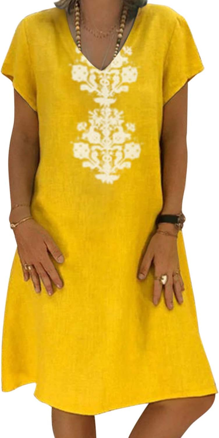 Womens Short Sleeve Vintage Summer Dress Beachwear Kaftan Swim Cover Ups Yellow Small 6 8