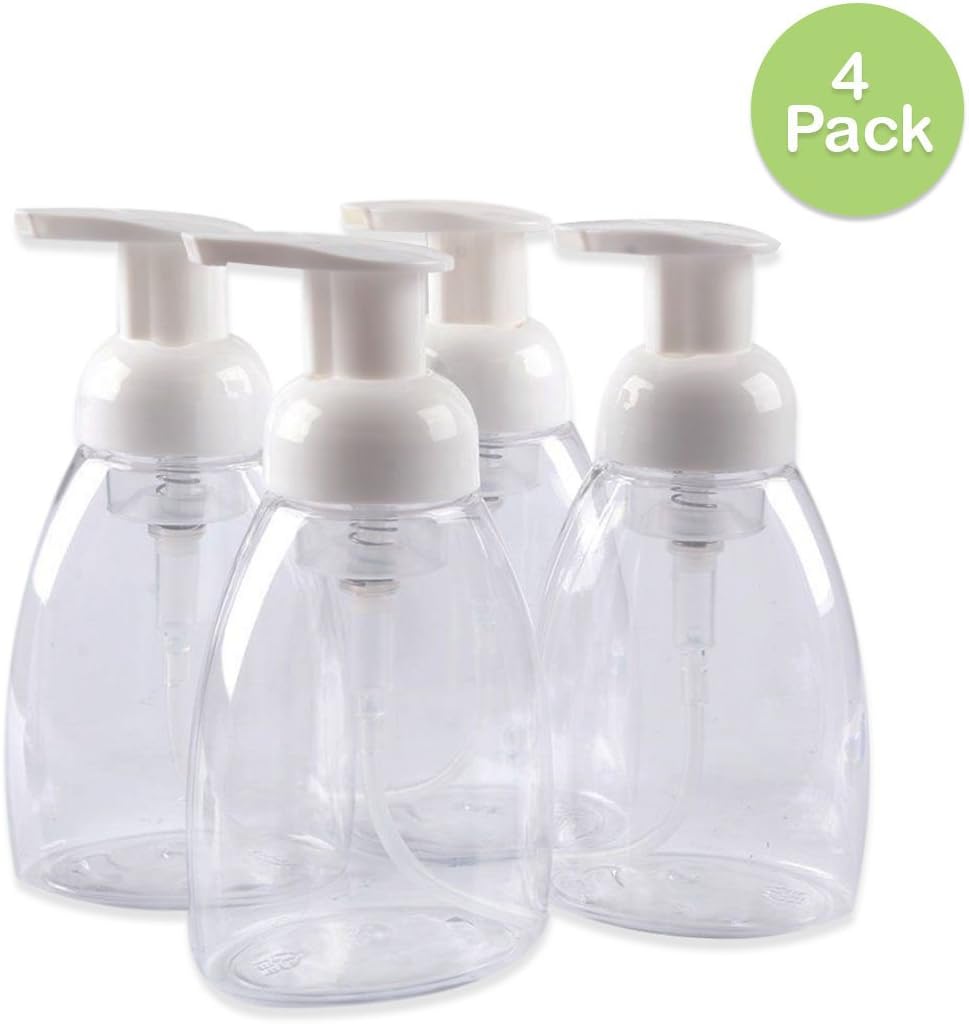 Foaming Soap Dispenser White Pump Bottles 4-Pack 8.5 Oz 250 ml, Clear Sturdy Refillable BPA Free Plastic Container, Perfect for Castile, Homemade Liquid Soap, Dish Soap in Bathroom & Kitchen