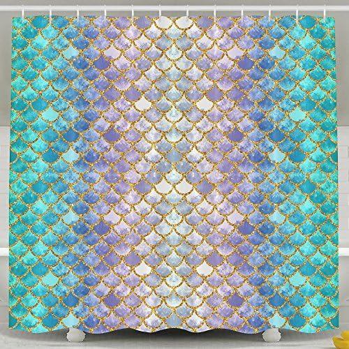 TingsCity Fashion Printing Home Life Gold Sparkling Mermaid Fish Scales Shower Curtain With Hooks Waterproof Bath 6672 Inch
