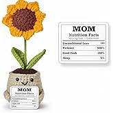 Sportyzen Handmade Crochet Sunflower Gift with “Mom Nutrition Facts” Quote – Cute Knitted Plant Decor for Mother's Day, Bday or Appreciation – Thoughtful Gift for Mom