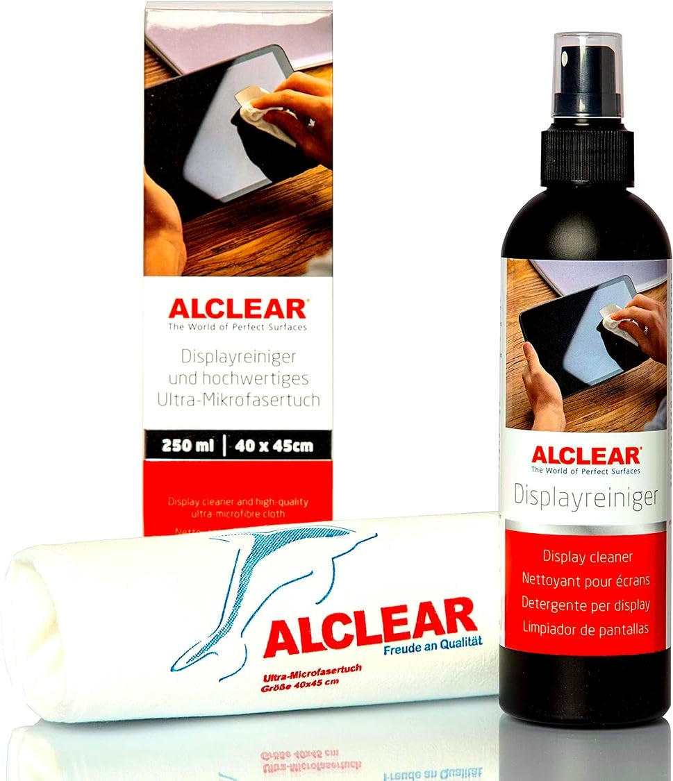 ALCLEAR 721DR Display Screen Cleaner 250 ml and Lint-free Ultra Microfibre Cloth for Smartphones, iPads, Eyeglasses, e-Readers, LED, LCD & TVs