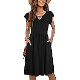 WNEEDU Summer Dresses for Women 2025 Ruffle Sleeve Casual Sundress Swing Elastic Waist Dress with Pockets