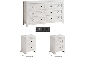 LUXOAK Bedroom Dresser and Nightstand 3 Piece Set, 1 X Wood Rustic 6 Drawer Storage Dresser, Nightstand Set of 2 with Charging Station, Farmhouse Bedroom Furniture Set, Rustic White