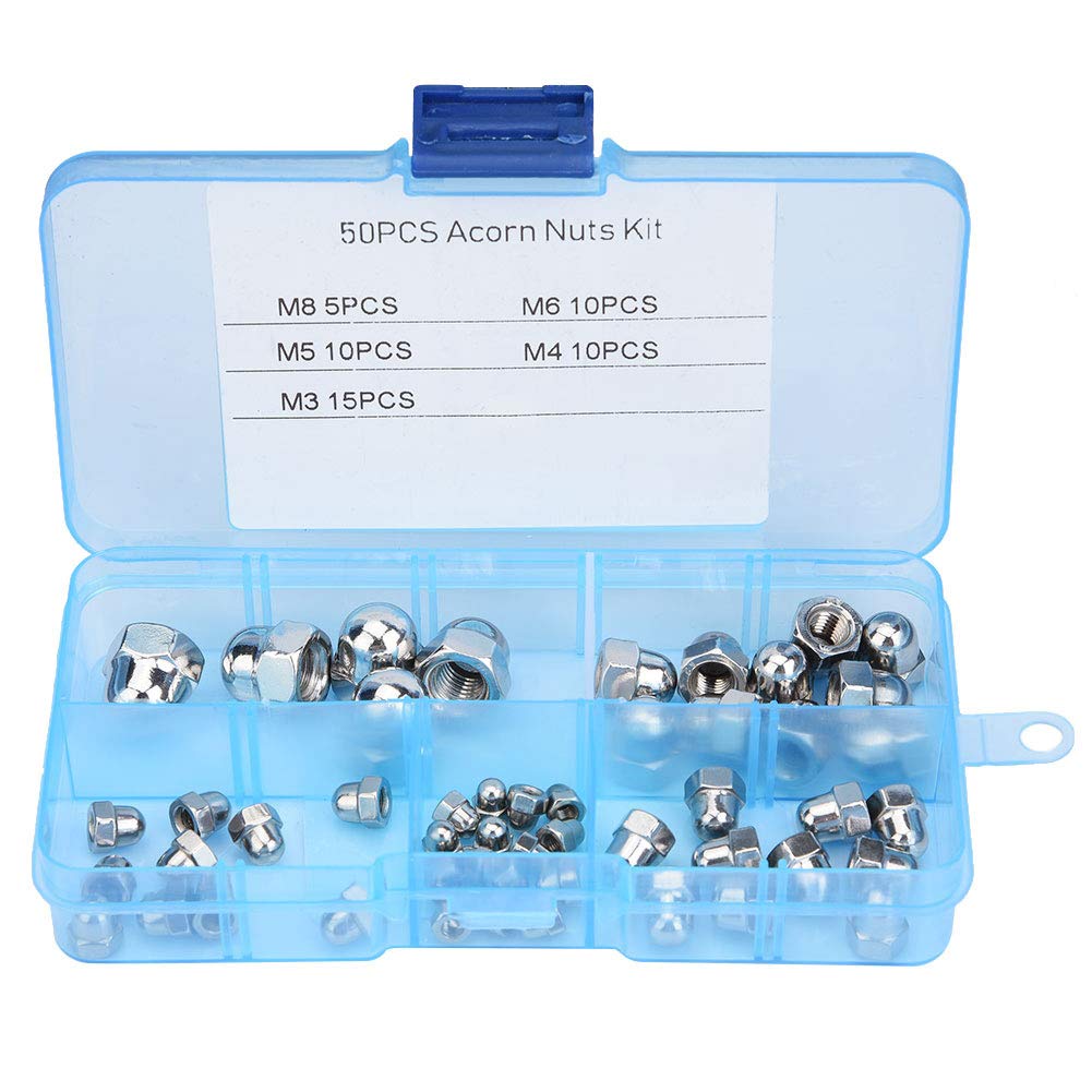 Akozon Dome Cap Nut, 50pcs Acorn Nuts Dome Cap Nuts M3/M4/M5/M6/M8 Acorn Nut Kit Stainless Steel Dome Head Cap Hex Nuts
