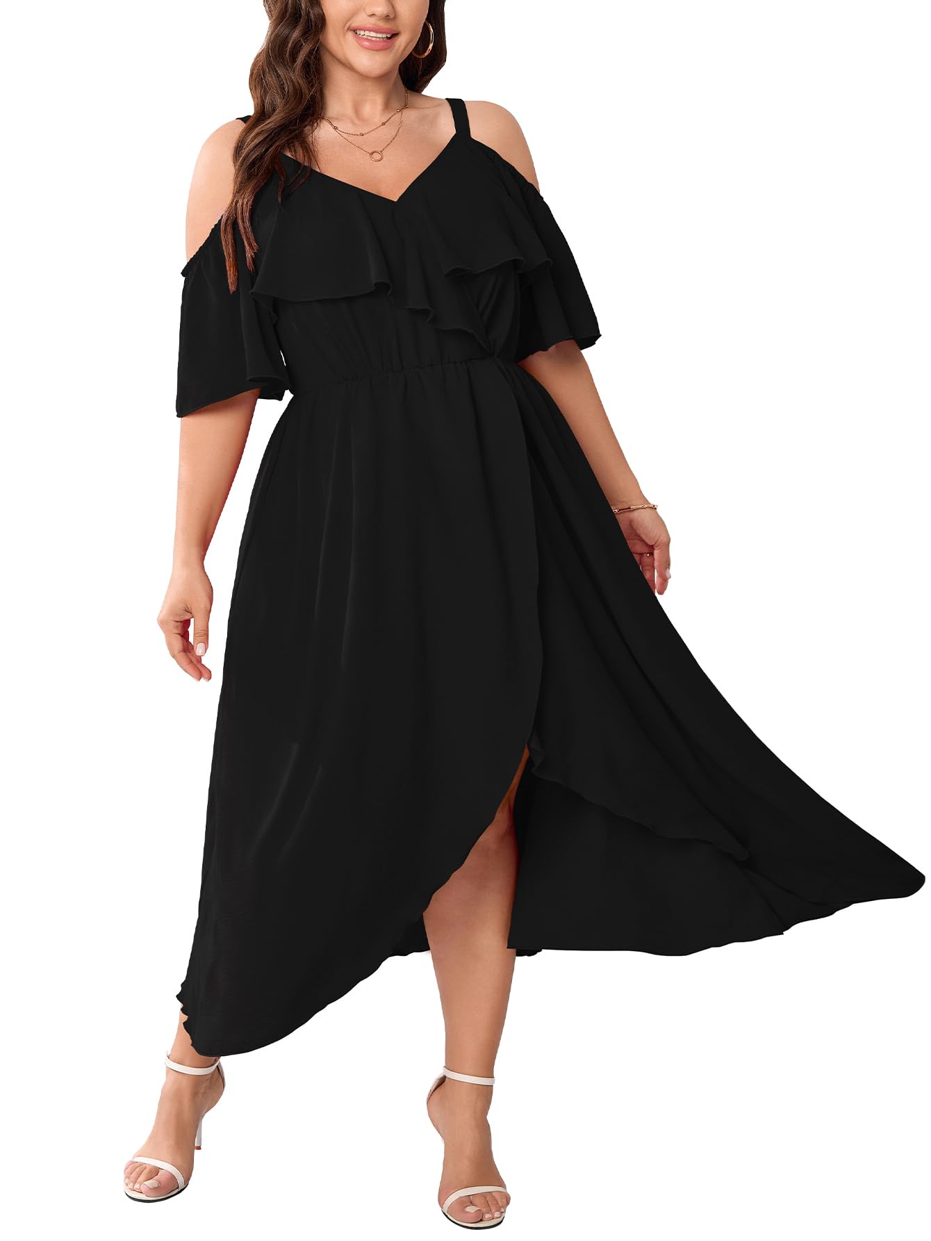 Photo 1 of SHESTARR Womens Plus Size Cold Shoulder Dress Short Sleeve Ruffle Summer Sundress High Low Flowy Maxi Long Dresses Black