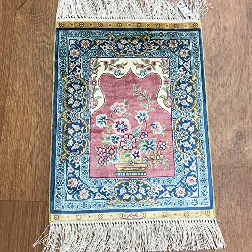 Yilong 1.1' x 1.5' Small Persian Silk Rug Traditional Oriental Hand Knotted Prayer Rug Mat Tapestry (Blue and Pink) WK177A1.1x1.5