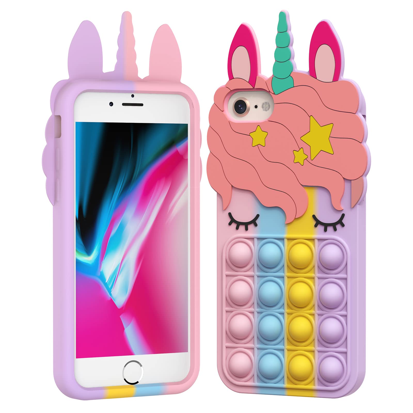 Asgens Pop Fidget It Case for iPhone 6/6S/7/8/SE 2020, Cute Lovely Cartoon Unicorn Rainbow Stress Relieve Push Bubbles Protective Silicone Soft Phone Case for Apple iPhone 6/6S/7/8/SE 2020 4.7 inch — image 1