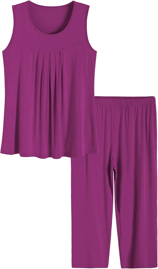 Latuza Women's Summer Pleated Tank Top Capris Pajamas Set at Amazon