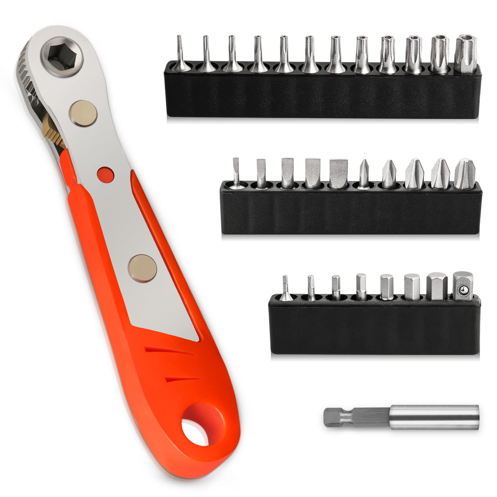Hakkin 32Pcs Mini Ratchet Wrench Magnetic Offset Screwdriver S2 Steel 1/4" Drive High Torque Reversible Mini Ratcheting Screwdriver Set Slotted, Phillips, Torx, Hex