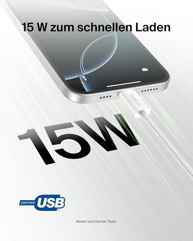 2er-Pack geflochtenes USB-A auf USB-C Ladekabel, 1,5 m, 15W, biegsames, flexibles Schnellladekabel, USB-C kabel für iPhone 17 und 16, Galaxy S25, Pixel 10, iPad Pro usw. – Weiß