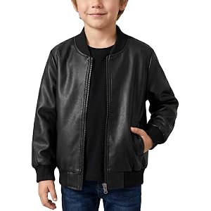 Boys Black Faux Leather Bomber Jacket Kids Classic Ribbed Collar Full-Zip Coat Windbreaker Casual Fall Outerwear 2-9Y