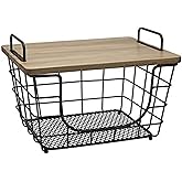 Gourmet Basics by Mikasa Madam Metal Stacking Nesting Rectangular Basket with Acacia Wood Lid, Space Saving Kitchen, Bathroom & Office Organizer, Antique Black