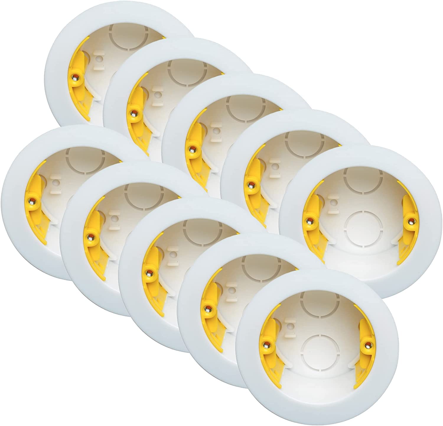 10x Pack Round 35mm Dry-Lining Back Box Electrical Wall Knockout Recessed Flush Mount Deep Pattress Dry Lining Partition Walls Switches Sockets Fused Spur Euro Module Faceplates - Yellow